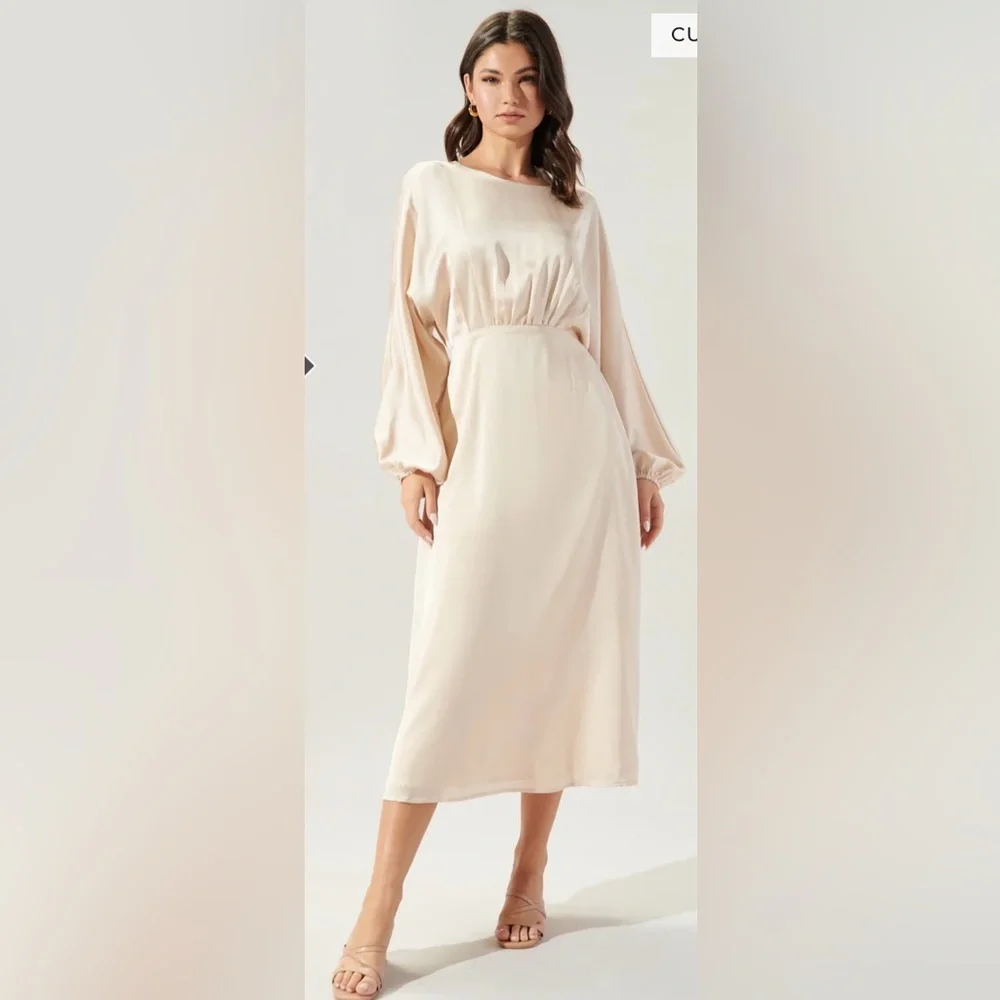 Sugarlips Chateau Satin Champagne Dolman Sleeve Midi Dress - Picture 1 of 9
